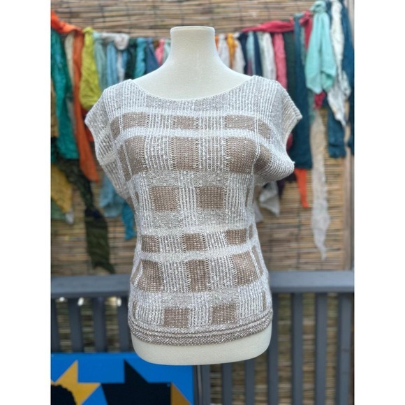 Vintage 80s Beldoch Popper Italy Knit Top Tan White Check Sleeveless - Picture 8 of 9